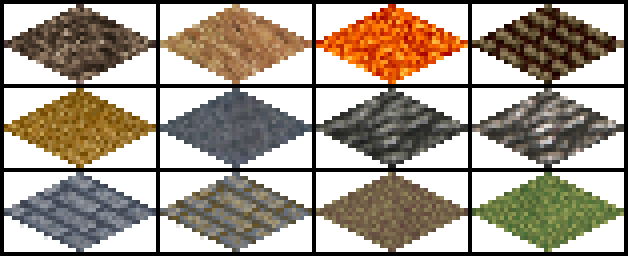 Eine 3x4-Karte mit verschiedenfarbigen Kacheln in isometrischer Projektion