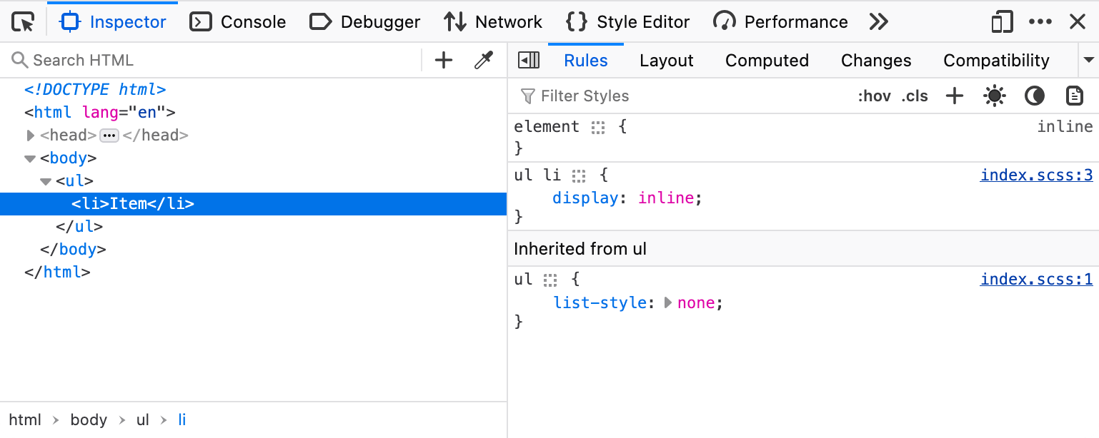 Firefox DevTools, fokussiert auf das li-Element im DOM-Inspektor. Das Stil-Panel zeigt transformiertes CSS ohne Verschachtelung und einen Link zur dritten Zeile der Datei index.scss.