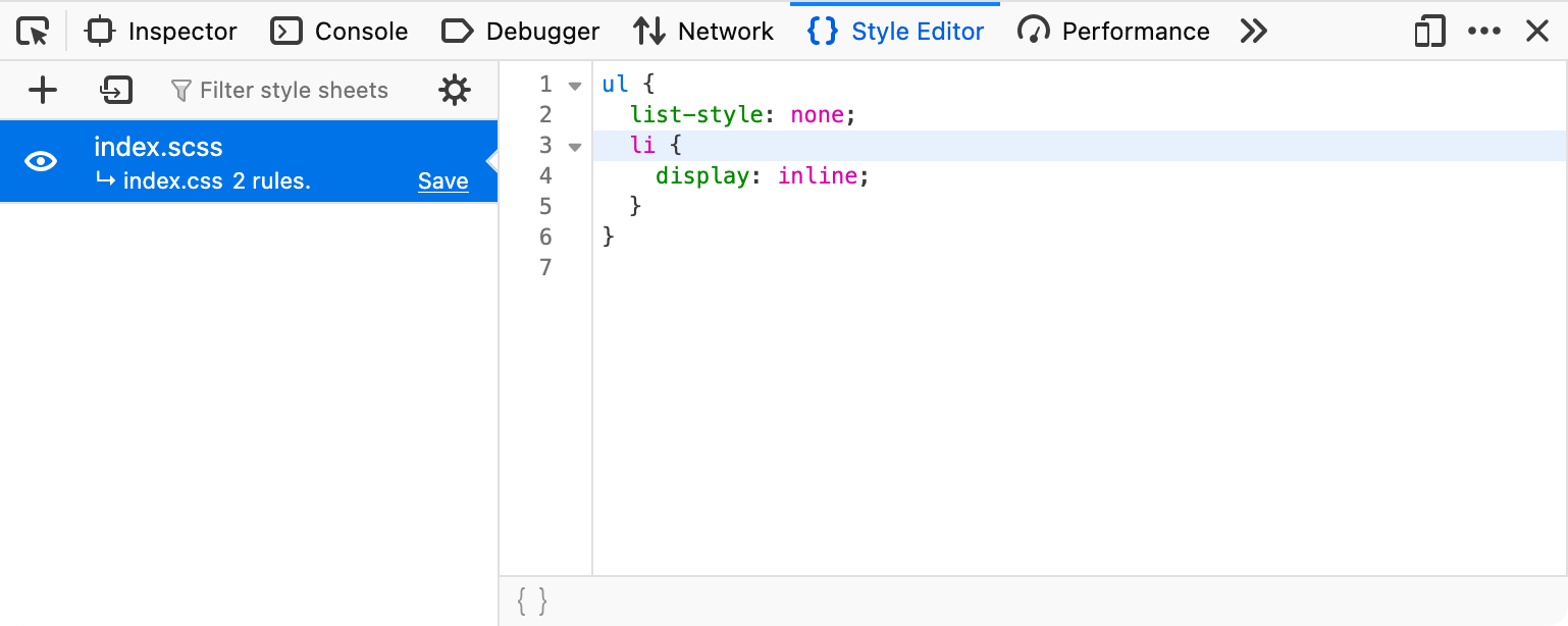 Firefox DevTools mit geöffneter index.scss-Datei im Stil-Editor. Der Editor ist auf die dritte Zeile des Quellcodes im SCSS-Format mit Verschachtelung fokussiert.