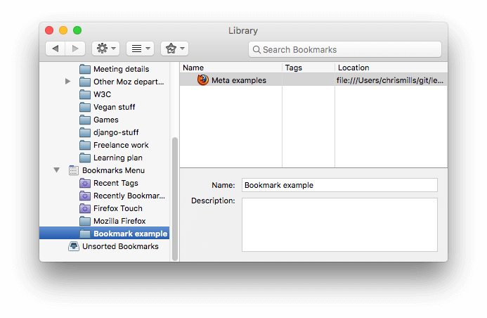 Das Firefox-Lesezeichenpanel zeigt ein Lesezeichenbeispiel mit einem nebenstehenden Favicon.