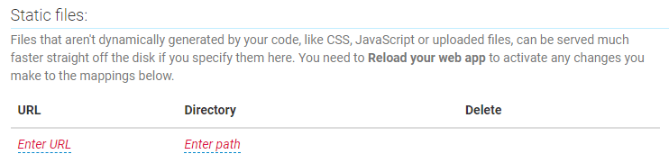 PythonAnywhere-Statische Dateien-Abteilung auf dem Web-Tab