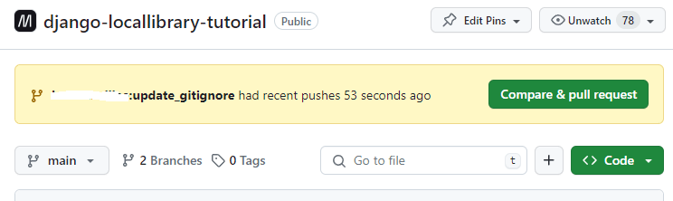 Banner, das fragt, ob der Benutzer die neuesten Zweig-Updates vergleichen und zusammenführen möchte