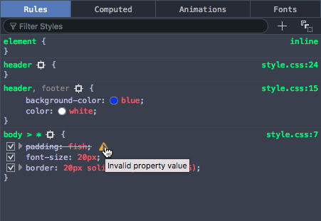 Die Entwicklerwerkzeuge durchstreichen ungültiges CSS und fügen ein hoverbares Warnsymbol hinzu