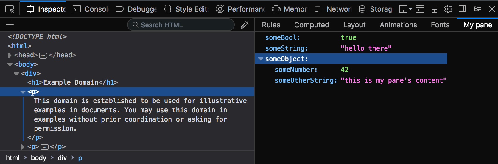 Bild zeigt ein neues Paneel mit dem Titel "My pane", das ein JSON-Objekt anzeigt