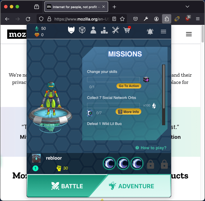Das Dedalium-Popup zeigt den Spielstatus und bietet Optionen zum Starten eines Kampfes oder Abenteuers.