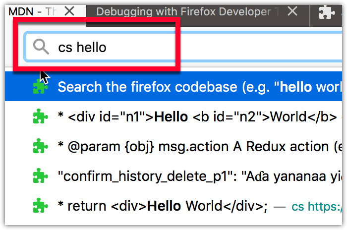 Beispiel, das das Ergebnis der Anpassung der Adressleisten-Vorschläge durch das WebExtension firefox_code_search zeigt.