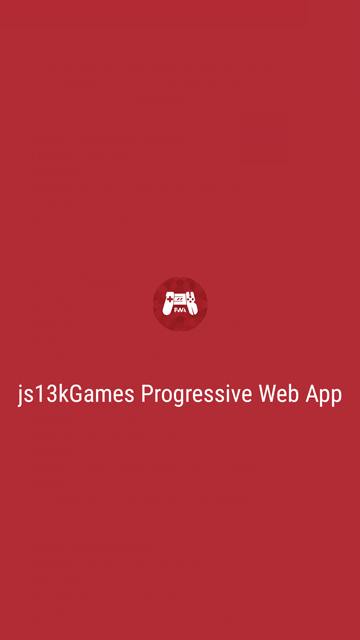 Screenshot des Startbildschirms der App auf einem Mobiltelefon. Es ist eine komplett rote Seite mit dem Anwendungslogo in der Mitte und dem Namen darunter: "js13kGames Progressive Web App"