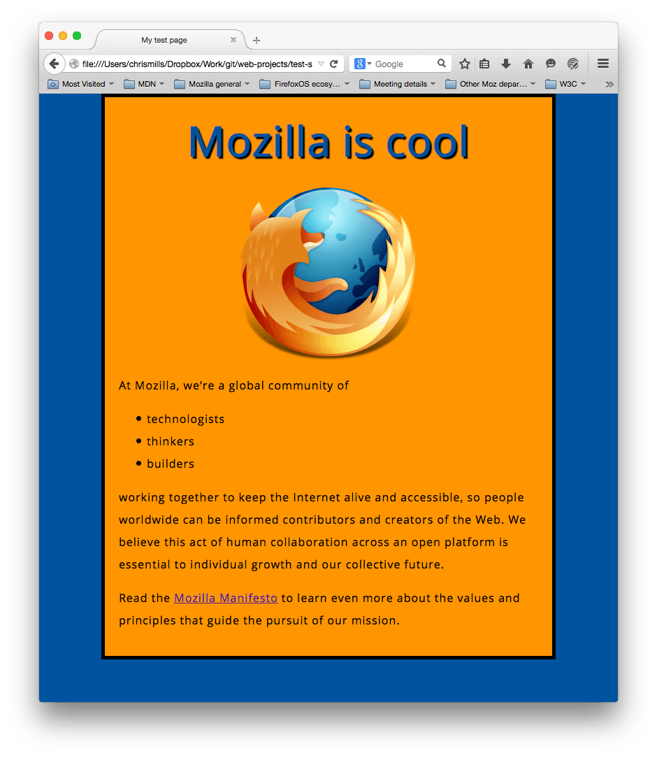 Un logo Mozilla, centré, un titre et des paragraphes. La page est maintenant bien stylisée, avec un fond bleu pour toute la page et un fond orange pour la bande de contenu principal centrée.
