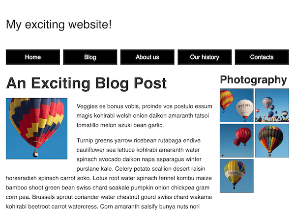 RWD タスクのウェブサイト中間レイアウトの完成例。上部にはロゴ、その下に水平ナビゲーションメニュー、続いて 2 列レイアウト（左側にテキストコンテンツ、右側に写真ギャラリー）を配置。