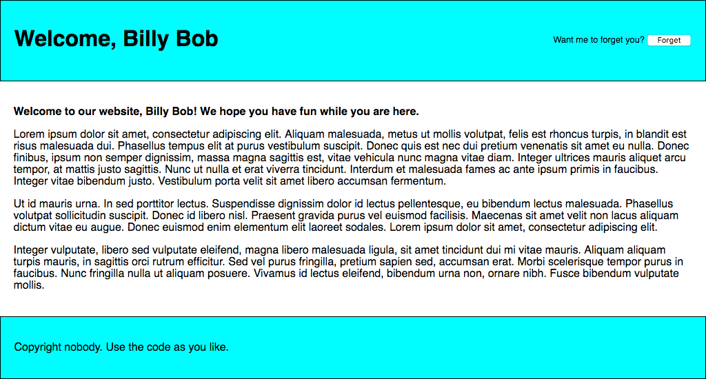 一张网站的截图,包含了页头、内容和页脚部分。页头的左侧有一段欢迎文本,右侧有一个标记为“忘记”的按钮。内容部分包括一个标题,接着是两段占位文本。页脚显示“版权归任何人所有。随意使用代码。”
