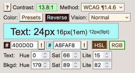 带有 HSL 和 RGB 的颜色选择器,以及颜色对比度值。